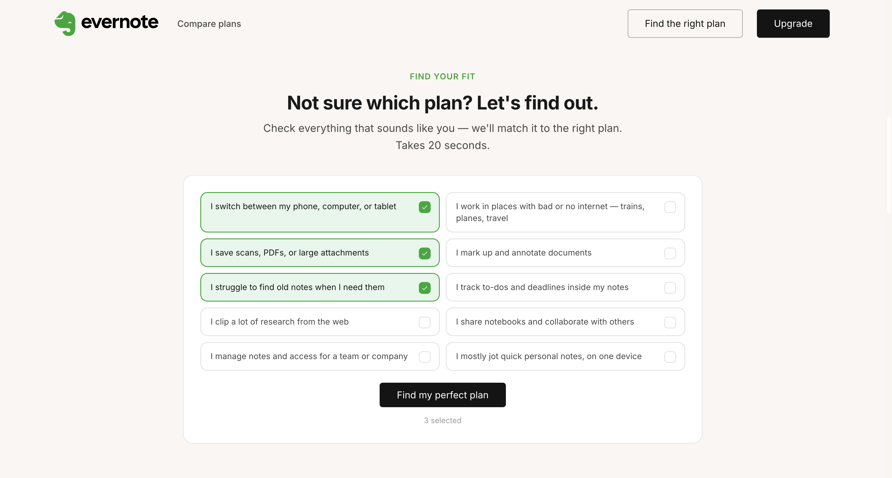 Evernote — 'Find your fit' quiz, checklist of daily habits matched to a plan