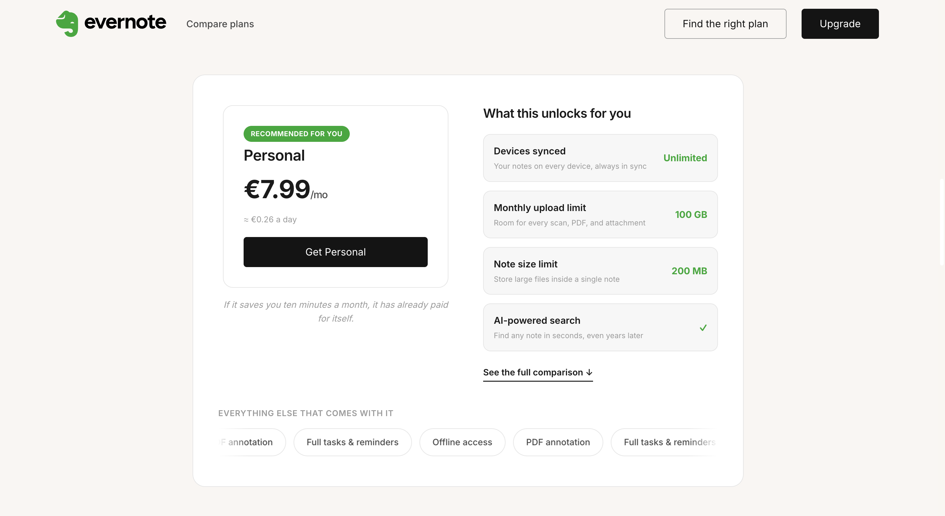Evernote — quiz result panel, recommended Personal plan and what it unlocks