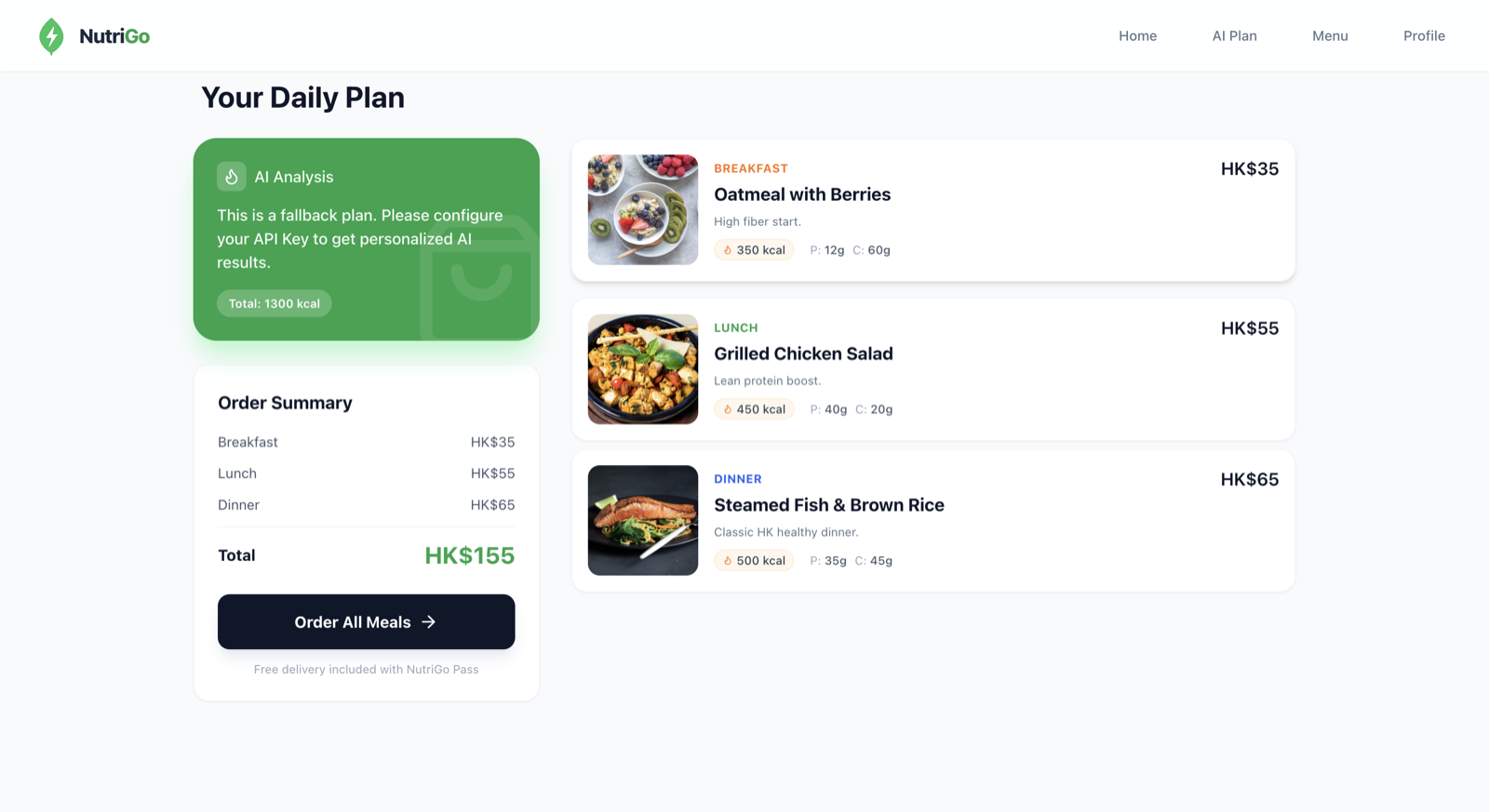 NutriGo Daily Plan page — AI analysis with macros and one-click order summary