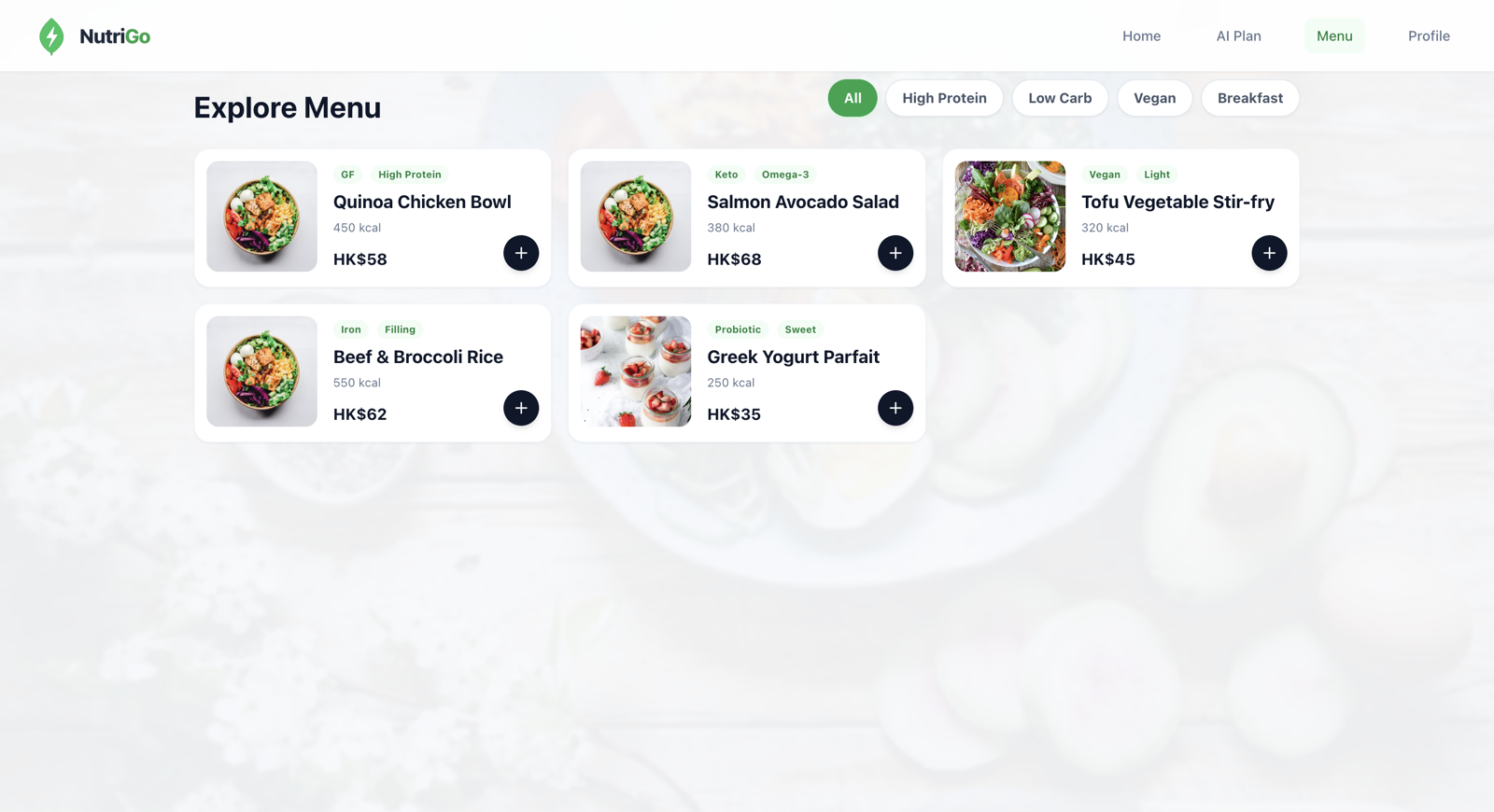NutriGo Explore Menu page — filterable dish cards with nutrition tags and price