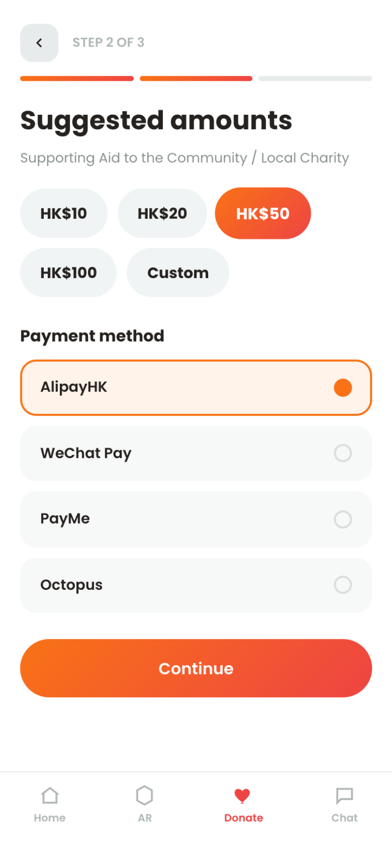 Tindao — donation step 2, suggested amounts and payment method: AlipayHK, WeChat Pay, PayMe or Octopus