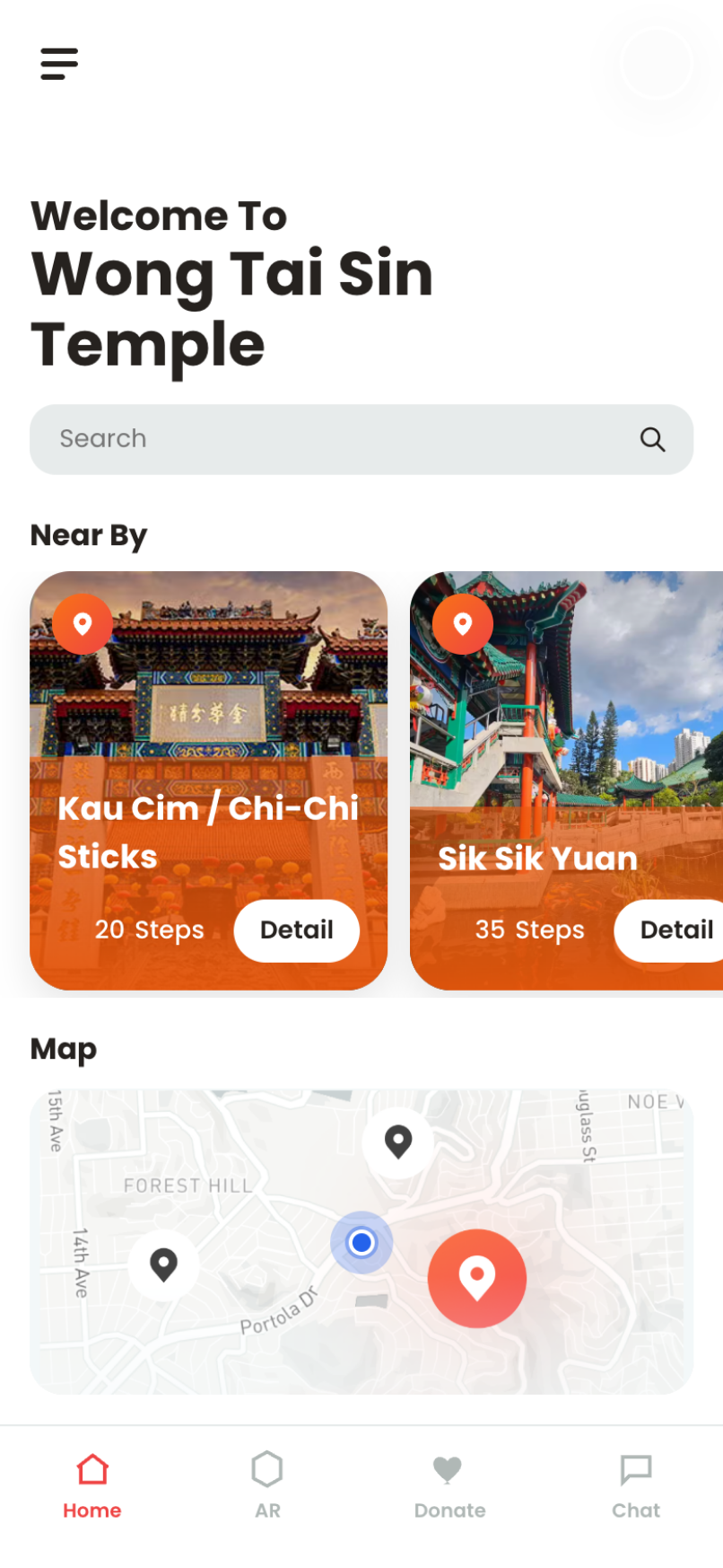 Tindao — home screen, Wong Tai Sin Temple welcome, Near By ritual spots ranked by step distance and a map